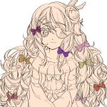  bow closed_mouth commentary_request curly_hair dress eyepatch frilled_dress frills hair_bun hair_ornament highres lolita_fashion long_hair looking_at_viewer magical_girl mahou_shoujo_ikusei_keikaku mahou_shoujo_ikusei_keikaku_restart pfle single_side_bun smile solo white_background yomo_gigyoza 