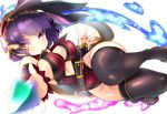  animal_ears belt black_legwear blush breasts bunny_ears character_request cleavage detached_sleeves hairband large_breasts naso4 purple_eyes purple_hair short_hair simple_background sketch solo thighhighs white_background 