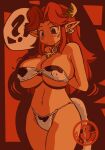  1girl absurdres aged_up animal_print arms_behind_back bell bikini blue_eyes breasts cleavage collar commentary covered_nipples cow_girl cow_horns cow_print cow_print_bikini cow_tail cowbell cowboy_shot curvy earrings elf english_commentary highres horns huge_breasts jewelry long_hair luigi64 malon navel neck_bell photoshop_(medium) pointy_ears print_bikini red_hair revision solo stomach swimsuit tail the_legend_of_zelda the_legend_of_zelda:_ocarina_of_time watermark white_bikini 