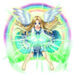  1girl artist_request attacking_viewer aura barefoot bird_girl bird_wings blonde_hair blue_bow blue_dress blue_eyes bow chest_bow child collarbone curtained_hair dress feathered_wings filo_(tate_no_yuusha_no_nariagari) floating_hair frilled_dress frilled_sleeves frills game_asset grand_summoners light_particles long_hair long_sleeves looking_at_viewer magic official_art open_mouth rainbow simple_background solo sparkle standing straight-on straight_hair tate_no_yuusha_no_nariagari teeth third-party_source transparent_background two-tone_dress upper_teeth_only v-shaped_eyebrows white_dress white_wings wings 