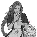  1girl aerith_gainsborough artist_name bangle basket bracelet braid braided_ponytail cropped_jacket dress final_fantasy final_fantasy_vii final_fantasy_vii_remake flower flower_basket greyscale hair_ribbon holding holding_basket holding_flower jen_bartel jewelry lily_(flower) long_hair monochrome parted_bangs ribbon sidelocks single_braid smile solo upper_body white_background 