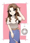  1girl absurdres ariura_kanna bare_shoulders belt blue_skirt border brown_belt brown_eyes brown_hair closed_mouth commentary_request cowboy_shot curtained_hair denim denim_skirt eyelashes flower hair_flower hair_ornament hand_in_own_hair highres idolmaster idolmaster_cinderella_girls masaki_comic pink_background screenshot_inset simple_background skirt smile solo standing sweater white_border white_sweater 