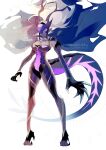  1girl alternate_costume armpits black_hairband breasts cape claws cleavage commentary commentary_request dragon_girl dragon_horns dragon_tail female_corrin_(fate_dragon)_(fire_emblem) female_corrin_(fire_emblem) fire_emblem fire_emblem_fates floating_cape floating_hair frills grey_hair hairband highres horns large_breasts legs long_hair mask nokishita_negio partial_transformation pointy_ears red_eyes solo tail 