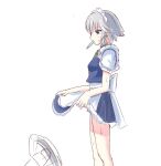  1girl abichan123456 apron back_bow blue_dress blue_eyes bow braid dress electric_fan food food_in_mouth from_side green_bow green_ribbon grey_hair hair_bow holding_own_dress hot izayoi_sakuya long_hair maid maid_headdress neck_ribbon pinafore_dress popsicle popsicle_in_mouth puffy_short_sleeves puffy_sleeves ribbon short_sleeves simple_background sleeveless sleeveless_dress solo sweat touhou twin_braids waist_apron white_background white_bow 