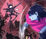  !? 2others ^^^ androgynous animal_ears anime_coloring antenna_hair antlers armor bait black_claws black_hair black_knife_(deltarune) black_skin black_undershirt blue_skin brick_wall capelet cat chasing claws clenched_teeth colored_sclera colored_skin commentary creature deer_antlers deltarune egg fangs floating friend_(deltarune) from_side gauntlets grin hair_over_eyes harac_(mc_harac98) heterochromia highres holding holding_sword holding_weapon horns indoors kris_(dark_world)_(deltarune) kris_(deltarune) living_shadow medium_hair mismatched_sclera motion_lines multiple_others no_feet pink_capelet pink_eyes pink_sclera ribs roaring_knight running shaded_face short_hair single_empty_eye smile speech_bubble speed_lines squiggle_eyes stigmata surprised sword tail teeth throwing throwing_food utdr_(toby_fox) weapon yellow_eyes yellow_sclera 