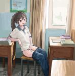 1girl absurdres blush book brown_eyes brown_hair classroom clothes_pull collared_shirt commentary_request curtains desk exhibitionism fang female_masturbation highres leaning_on_table looking_at_viewer masturbation motion_lines open_mouth open_window original pants pants_pull pencil_case ponytail public_indecency public_masturbation school_uniform shirt sitting skin_fang solo speed_lines sweat textbook user_zgnw2443 white_shirt window 