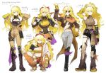  1girl absurdres aged_up alternate_costume alternate_eye_color asymmetrical_clothes bandeau black_boots black_gloves black_shirt blonde_hair boots bow breasts brown_boots brown_jacket brown_pants character_name cleavage cleavage_cutout closed_mouth clothing_cutout commentary covered_navel ear_piercing elbow_gloves ember_celica_(rwby) english_commentary english_text fingerless_gloves fingernails full_body geta gloves goggles goggles_on_head grey_pants grin hair_between_eyes hair_bow hand_on_own_head hand_on_own_hip hands_in_own_hair helmet highres hip_vent hiru315 holding holding_unworn_helmet jacket jewelry long_hair long_sleeves mechanical_arms midriff motorcycle_helmet multiple_persona necklace open_clothes open_jacket pants piercing prosthesis prosthetic_arm purple_eyes red_bow red_eyes rwby shirt single_elbow_glove single_fingerless_glove single_mechanical_arm single_pantsleg sleeveless smile squatting standing sunglasses toenails toes twitter_username unworn_headwear unworn_helmet yang_xiao_long yellow_bandeau 
