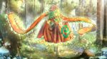 1girl artist_name blue_flower boots bow brown_boots closed_eyes commentary_request dress flower flower_request forest frilled_bow frilled_dress frills full_body glowing green_hair hair_bow highres holding_own_dress kagiyama_hina long_hair mushroom nature outdoors owolf_no_predator pink_flower puffy_short_sleeves puffy_sleeves red_bow red_dress red_ribbon ribbon short_sleeves solo touhou tree wrist_ribbon 