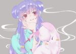  absurdres bell blue_bow bow cat chinese_clothes closed_eyes commentary_request double_bun dual_persona grey_background hair_bell hair_bow hair_bun hair_ornament highres kome_ko long_hair pink_fur purple_eyes purple_hair ranma_1/2 shampoo_(cat) shampoo_(ranma_1/2) sidelocks simple_background 