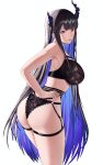  1girl absurdres ass asymmetrical_horns black_bra black_hair black_horns black_panties blue_hair bra breasts cleavage colored_inner_hair demon_horns flower garter_belt hair_ornament highres hololive hololive_english horn_flower horns lace lace-trimmed_bra lace-trimmed_panties lace_trim large_breasts long_hair looking_at_viewer mole mole_under_eye multicolored_hair nerissa_ravencroft panties red_eyes reendhw simple_background solo tassel tassel_hair_ornament thighs two-tone_hair underwear underwear_only uneven_horns very_long_hair virtual_youtuber white_background 