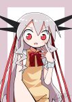  1girl :o absurdres black_shorts blush border bow bowtie choppy_bangs commentary_request commission covering_own_mouth cowboy_shot denkou_hayami flat_chest foreshortening generalcanon hair_between_eyes hair_ribbon hand_to_own_mouth highres long_hair long_sidelocks looking_at_viewer looking_down open_mouth original outside_border pink_border pink_hair pixiv_commission pov reaching reaching_towards_viewer red_bow red_bowtie red_eyes red_ribbon ribbon shorts sidelocks signature simple_background sleeveless sleeveless_sweater solo speech_bubble sweater translation_request two-tone_background upper_body v-shaped_eyebrows very_long_hair white_background yellow_sweater 