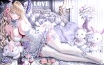  1girl absurdres bare_shoulders blonde_hair blue_bow blue_bowtie blue_eyes blush bow bowtie breasts check_clothing cleavage clothing_request collar commentary detached_collar drawer dress earrings flower full_body garter_straps hair_flower hair_ornament hand_on_own_hip heart heart-shaped_pillow highres indoors jewelry large_breasts long_hair looking_at_viewer lying nightstand on_side original parted_lips pillow purple_flower revision solo strapless strapless_dress stuffed_animal stuffed_toy teddy_bear thighhighs tina_(tinafya) untranslatable_commentary vase very_long_hair white_bow white_collar white_dress white_garter_straps white_thighhighs 