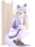  1girl animal_ears bow bowtie breasts brown_shoes commentary_request ear_covers elbows_on_knees from_side full_body grey_hair hair_ribbon hand_up highres hishi_miracle_(umamusume) horse_ears horse_girl looking_at_viewer medium_hair open_mouth pleated_skirt purple_bow purple_bowtie purple_shirt purple_skirt ribbon school_uniform shirt shoes sketch skirt small_breasts solo squatting summer_uniform tracen_school_uniform tsurubami_(gaad5227) umamusume white_background 