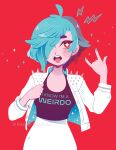  1girl \m/ antenna_hair aqua_hair aqua_nails artist_name black_shirt blush blush_stickers bright_pupils clothes_writing commentary english_commentary english_text eyelashes fingernails fireflyraye hair_over_one_eye jacket lightning_bolt_symbol long_sleeves mismatched_eyebrows nail_polish no_sclera open_clothes open_jacket open_mouth original punk red_background red_eyes shirt short_hair simple_background skirt solo sparkle spikes star-shaped_pupils star_(symbol) symbol-shaped_pupils teeth thick_eyebrows tongue tongue_out upper_teeth_only white_jacket white_pupils white_skirt 