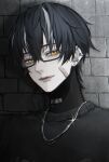  1boy against_wall alternate_costume bandaid bandaid_on_face black-framed_eyewear black_hair black_sweater brick_wall chain chain_necklace closed_mouth commentary_request ear_piercing earrings gi_ra1 glasses hair_between_eyes highres jewelry looking_at_viewer male_focus multicolored_hair necklace noan_(pgr) piercing punishing:_gray_raven rectangular_eyewear ribbed_sweater short_hair solo streaked_hair sweater white_streaks yellow_eyes 