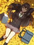  :o arms_behind_head bag black_legwear book brown_hair cardigan from_above ginkgo green_eyes highres idolmaster idolmaster_cinderella_girls kneehighs levi9452 long_hair lying necktie notebook on_back pleated_skirt school_bag school_uniform shibuya_rin skirt socks solo thighs 