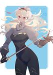  1girl alternate_costume alternate_hairstyle black_gloves black_hairband blue_background border breasts commentary commentary_request female_corrin_(fire_emblem) fire_emblem fire_emblem_fates floating_hair flower gloves grey_hair grills hair_between_eyes hair_flower hair_ornament hairband high_collar high_ponytail highres holding holding_sword holding_weapon juliet_sleeves large_breasts long_hair long_sleeves nokishita_negio pointy_ears ponytail puffy_sleeves rapier red_eyes small_head smile solo sword very_long_hair weapon white_border 
