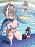  2girls ahoge alternate_breast_size_(larger) alternate_costume bandaid bandaid_on_cheek bandaid_on_face bandaid_on_nose bikini bird blue_bikini blue_shrug breasts goddess_of_victory:_nikke grave_(nikke) grey_hair hair_intakes highres kasawoooo large_breasts mori_(nikke) multiple_girls non-humanoid_robot one_eye_closed penguin robot robot_animal short_hair shrug_(clothing) standing standing_on_one_leg surfboard swimsuit thighs trembling 