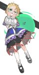  1girl black_shoes black_skirt blonde_hair bright_pupils brown_shirt commentary detached_sleeves full_body glowing glowing_eye green_eyes hands_on_own_face highres looking_at_viewer medium_hair mizuhashi_parsee o_(crazyoton46) one_eye_closed open_mouth pointy_ears shirt shoes skirt socks solo touhou white_pupils white_socks 