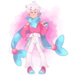  1boy abilitayy absurdres ahoge alternate_costume bede_(pokemon) blue_eyes blue_gloves blue_scarf bright_pupils closed_mouth clothing_cutout commentary curly_hair english_commentary eyelashes full_body gloves great_ball hair_ornament hand_in_pocket highres long_scarf long_sleeves male_focus pants partially_fingerless_gloves pink_shirt poke_ball pokemon pokemon_masters_ex pokemon_sword_and_shield scarf shirt shoulder_cutout smile solo split_mouth standing white_pants white_pupils 