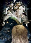  1girl absurdres black_hair commentary earrings eyeshadow hair_ornament hair_stick highres japanese_clothes jewelry kimono long_sleeves looking_at_viewer makeup oiran original pale_skin parted_lips robe snake solo upper_body white_snake wide_sleeves y!_(y83_oishi) yellow_eyes 