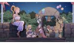  1other 3boys 3girls anniversary armlet ayla_(chrono_trigger) balloon bandeau bare_shoulders bell blonde_hair blue_boots blue_gloves blue_tunic boots bottle breasts brown_boots brown_gloves carrying cavewoman chrono_trigger climbing cloak closed_eyes closed_mouth column commentary_request copyright_name crono_(chrono_trigger) crop_top cross-shaped_pupils curly_hair dated drinking flag frog_boy frown full_body furrowed_brow glasses glenn_(chrono_trigger) gloves gold_armlet gold_bracer gold_choker green_cloak green_eyes green_shirt grey_bandeau grey_boots grey_hair grey_skirt grin headband helmet holding holding_balloon holding_bottle indian_style jewelry long_hair looking_up lucca_ashtear magus_(chrono_trigger) marle_(chrono_trigger) medium_breasts midriff multiple_boys multiple_girls navel neck_ring neckerchief night open-toe_shoes open_mouth orange_neckerchief orange_tunic outdoors pants piggyback pillar pointing pointy_ears ponytail purple_hair purple_pants red_cloak red_hair robo_(chrono_trigger) robot romper sandals sharp_na_ago shirt shooting_star short_hair sitting sitting_on_wall skirt smile spiked_hair sweatdrop symbol-shaped_pupils teeth toasting_(gesture) tongue tongue_out tree tunic twitter_username white_headband white_pants white_romper widow's_peak 