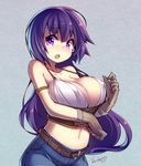  artist_name belt blueberry_(5959) blush breasts brown_gloves cleavage corset covered_nipples denim gloves jeans large_breasts long_hair navel open_mouth original pants purple_hair simple_background solo tears 