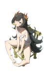  1girl absurdres arknights bamboo_chair between_legs black_hair chair chinese_commentary chun_(arknights) citrushn_(sushimiganbo) commentary_request flipped_hair full_body green_panties hand_between_own_legs highres long_hair looking_up maple_leaf_hair_ornament mouth_hold multicolored_hair on_chair orange_streaks panties pointy_ears sitting solo spread_legs strap_slip streaked_hair tank_top underwear white_background white_tank_top 