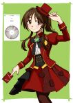  1girl absurdres black_bow black_corset blush border bow brown_eyes brown_hair brown_pantyhose closed_mouth commentary_request corset cowboy_shot eyelashes fingernails hat heart highres holding idolmaster idolmaster_cinderella_girls jacket long_hair long_sleeves masaki_comic mini_hat mini_top_hat open_clothes open_jacket pantyhose ponytail red_hat red_jacket red_skirt screenshot_inset shirt sidelocks skirt smile solo split_mouth takamori_aiko top_hat white_border white_shirt 