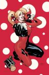  1girl artist_collaboration asymmetrical_gloves batman_(series) black_bodysuit black_gloves blonde_hair blue_eyes bodysuit breasts dc_comics gloves harley_quinn highres long_hair looking_at_viewer medium_breasts mismatched_gloves multicolored_bodysuit polka_dot polka_dot_background rachel_dodson red_background red_bodysuit red_gloves signature solo terry_dodson tongue tongue_out twintails two-tone_background two-tone_bodysuit white_background 