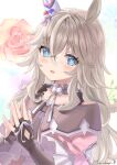  1girl absurdres animal_ears blue_eyes blush breasts choker coat collar commentary_request dress ear_covers flower frilled_choker frilled_collar frills gloves grey_hair hair_between_eyes highres horse_ears horse_girl jacket long_hair looking_at_viewer multicolored_hair off-shoulder_coat off_shoulder open_mouth pink_coat pink_dress pink_jacket short_eyebrows single_ear_cover smile solo steepled_fingers streaked_hair tsurubami_(gaad5227) umamusume upper_body wonder_acute_(butterfly_sting)_(umamusume) wonder_acute_(umamusume) 