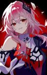  1girl chromatic_aberration clothing_cutout collared_dress commentary dress earrings evernight_(honkai:_star_rail) flower h2o_omizu hair_between_eyes hair_flower hair_ornament hairclip highres honkai:_star_rail honkai_(series) jewelry long_hair looking_at_viewer march_7th_(honkai:_star_rail) parallel_hairclips pink_hair red_background red_eyes shards single_bare_shoulder single_earring smile untranslatable_commentary 