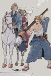  1girl 2026 2boys bandaged_torso beard_stubble blonde_hair blowing_bubbles blue_kimono blue_ribbon breasts brothers calligraphy_brush dated edgar_roni_figaro facial_hair final_fantasy final_fantasy_vi full_body green_hair grey_background hair_ribbon holding holding_calligraphy_brush holding_paintbrush holding_reins horseback_riding japanese_clothes kimono low_ponytail medium_breasts multiple_boys muscular muscular_male paintbrush parted_bangs pink_kimono pink_ribbon ponytail reins ribbon riding sabin_rene_figaro sandals sharp_na_ago siblings stubble terra_branford twintails wavy_hair 