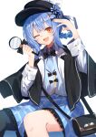  1girl :d ;d absurdres bag black_capelet black_hat blue_hair blush bow braid braided_hair_rings capelet commentary_request deerstalker detective hair_rings hand_on_own_head hat highres holding holding_magnifying_glass long_hair long_sleeves looking_at_viewer magnifying_glass mahou_shoujo_no_majo_saiban nodoameyatou one_eye_closed open_mouth shirt shoulder_bag simple_background sitting skirt smile solo tachibana_sherry twintails white_background yellow_eyes 