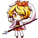  1girl animal_print bishamonten's_pagoda bishamonten's_spear black_streaks blonde_hair chibi chibi_only closed_mouth commentary dress hagoromo hair_ornament holding holding_polearm holding_weapon long_sleeves lowres multicolored_hair one-hour_drawing_challenge panties polearm red_dress renren_(ah_renren) shawl short_hair simple_background smile solo streaked_hair tiger_print toramaru_shou touhou underwear weapon white_background white_panties wide_sleeves yellow_eyes 