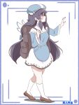  1girl bag beret black_hair blue_dress blue_eyes blue_hat blush brown_bag commentary_request detached_wings dress hair_between_eyes hair_ornament hairband hat highres humanization long_hair long_sleeves low_twintails mayo_(trickcal) nnnnnmmmi4323 skirt solo trickcal twintails wings 