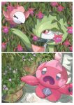  bird closed_eyes colored_skin commentary_request flower flying gardevoir green_skin grey_eyes hammer highres holding holding_hammer no_humans omochi_(aoi_guruguru) open_mouth pink_skin plant pokemon pokemon_(creature) pokemon_focus potted_plant red_eyes spritzee tinkatink white_skin 