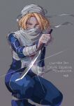  1girl absurdres bandaged_arm bandaged_chest bandaged_fingers bandaged_head bandages blonde_hair blue_bodysuit bodysuit covered_mouth grey_background highres holding holding_knife knife looking_at_viewer parted_bangs red_eyes reverse_trap sheik short_hair shrub_mtg squatting the_legend_of_zelda the_legend_of_zelda:_ocarina_of_time 