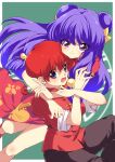  2girls absurdres black_pants blush bow braid braided_ponytail chinese_clothes commentary_request double_bun dress hair_bow hair_bun highres hug long_hair multiple_girls open_mouth pants purple_eyes purple_hair ranma_1/2 red_dress red_hair red_shirt saotome_ranma saotome_ranma_(female) shampoo_(ranma_1/2) shiroganeyoru shirt side_slit sidelocks smile yellow_bow 