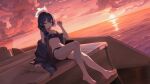  1girl absurdres artist_name bandeau barefoot bikini black_bikini black_hair black_jacket blue_archive blue_eyes boat braid braid_over_shoulder breasts butterfly_hair_ornament closed_mouth clothing_cutout cloud cloudy_sky colorful_clouds commentary_request diamond_cutout feet full_body grey_halo hair_ornament halo highres jacket jacket_partially_removed kisaki_(blue_archive) kisaki_(swimsuit)_(blue_archive) long_hair looking_at_viewer navel official_alternate_costume official_alternate_hairstyle on_boat orange_sky outdoors purple-tinted_eyewear removing_eyewear side_braid signature sitting sky small_breasts smile solo stomach sunglasses sunset swimsuit tinted_eyewear toes watercraft yppahnu982 