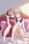 2girls bare_arms bare_legs bare_shoulders barefoot black_ribbon blue_eyes bottle chinese_commentary commentary_request dress drunk grey_hair hair_ribbon heartcity highres holding holding_bottle kamiina_botan kamiina_botan_yoeru_sugata_wa_yuri_no_hana legs long_hair looking_at_another multiple_girls on_bed one_eye_closed open_mouth parted_lips pillow pink_dress pink_hair purple_eyes ribbon short_hair sleeveless sleeveless_dress toes tonami_ibuki two_side_up white_dress yuri 