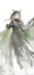  1girl animal_ears arknights attack_trail black_cape black_robe blood_from_neck cape cat_ears cat_girl commentary dying ears_through_headwear floating_hair green_cape green_eyes highres hongqiqiuqiu hood hood_up hooded_cape kal'tsit_(arknights) kal'tsit_(boss)_(arknights) robe slashing third-party_source two-sided_cape two-sided_fabric watermark weibo_watermark white_background white_hair wide-eyed 
