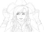 1girl absurdres bare_shoulders bracelet collarbone cowboy_hat cowgirl_(western) crisis_core:_final_fantasy_vii earrings english_commentary eyelashes final_fantasy final_fantasy_vii final_fantasy_vii_rebirth final_fantasy_vii_remake gloves hands_on_headwear hat highres jewelry lineart long_hair monochrome open_clothes open_mouth open_vest qieko36 sideways_glance solo straight-on tifa_lockhart tifa_lockhart_(cowgirl) upper_body vest white_background 