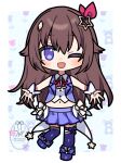  1girl :d a-pose black_outline blue_boots blue_eyes blue_skirt blue_thighhighs blue_vest blush boots border breasts brown_hair collared_shirt commentary_request cropped_shirt cropped_vest deformed floral_background fold-over_boots full_body hair_flaps hair_ornament hair_ribbon hanasaki_ayame_(artist) highres hololive leg_ribbon leg_up long_hair looking_at_viewer medium_breasts midriff miniskirt navel neck_ribbon one_eye_closed open_mouth outline pleated_skirt red_ribbon ribbon shirt skirt sleeveless sleeveless_shirt smile solo star_(symbol) star_hair_ornament stuffed_animal stuffed_toy teddy_bear thigh_ribbon thighhighs tokino_sora tokino_sora_(1st_costume) two-tone_background vest virtual_youtuber waist_cape watermark white_background white_border white_shirt white_wrist_cuffs wrist_cuffs 