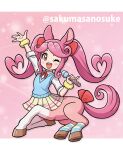  1girl animal_ears ankle_lock arm_up artist_name blue_socks blue_sweater blush brown_eyes centaur commentary_request heart heart-shaped_hair holding holding_microphone hooves horse_ears horse_tail looking_at_viewer microphone monster_girl multiple_legs one_eye_closed open_mouth original pink_background pink_hair pleated_skirt ribbon sakuma_sanosuke signature skirt sleeves_rolled_up socks solo string_tie striped_clothes striped_socks sweater sweater_vest tail tail_ornament tail_ribbon taur teeth twintails upper_teeth_only yellow_skirt yellow_socks 