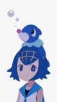  1girl absurdres afuron black_hair blue_eyes bright_pupils bubble closed_mouth commentary_request hairband highres lana_(pokemon) no_sclera on_head pokemon pokemon_(creature) pokemon_on_head pokemon_sun_and_moon popplio shirt short_hair simple_background sleeveless sleeveless_shirt upper_body white_background white_pupils white_shirt yellow_hairband 