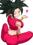  1girl ass black_eyes black_hair blowing_kiss blush breasts commentary crop_top dimples_of_venus dragon_ball dragon_ball_super earrings heart highres jewelry kefla_(dragon_ball) large_breasts looking_at_viewer looking_back muscular muscular_female one_eye_closed pants ponytail potara_earrings saiyan sitting solo spiked_hair takundraws tight_clothes tight_pants wrist_guards 