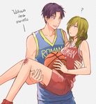  1girl ? ball basketball basketball_uniform blonde_hair bruise carrying gekkan_shoujo_nozaki-kun injury princess_carry purple_hair red_eyes seo_yuzuki short_hair side_ponytail sportswear striped striped_background thai translation_request wakamatsu_hirotaka warable 