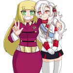  2girls alpha_(alpha_1918) artist_request blonde_hair character_request collar cross facing_viewer green_eyes hair_ornament hand_on_own_arm hand_up highres hug hug_from_side long_hair long_sleeves looking_at_viewer military military_uniform miniskirt monarchy-chan multiple_girls original red_eyes ribbon skirt smile thighhighs v white_hair zettai_ryouiki 