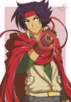  1boy akane_kazami artist_name black_hair brown_eyes brown_vest cape commentary compass_uniform dated domon_kasshu g_gundam gloves green_shirt gundam headband highres male_focus red_cape red_gloves red_headband shirt short_hair signature simple_background smile vest 